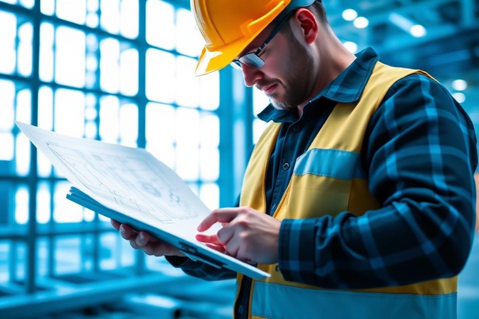 Ingeniero de obra revisando planos en una tablet digital