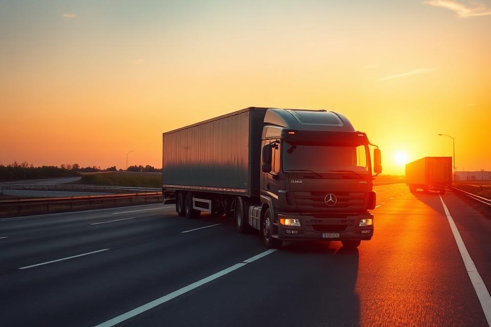 Camión de transporte de mercancías en autopista al atardecer